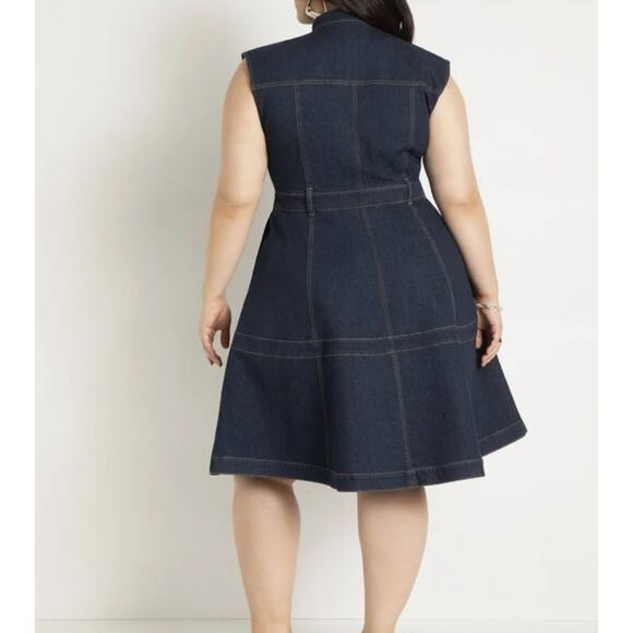 NWT ELOQUII Fit Flare Denim Midi Dress Dark Wash Stretch Casual 3X 24 Plus Curvy - Picture 2 of 11